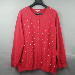 26-28 Plus Sized Jessica London Classic Red Cardigan with Pearl Accents